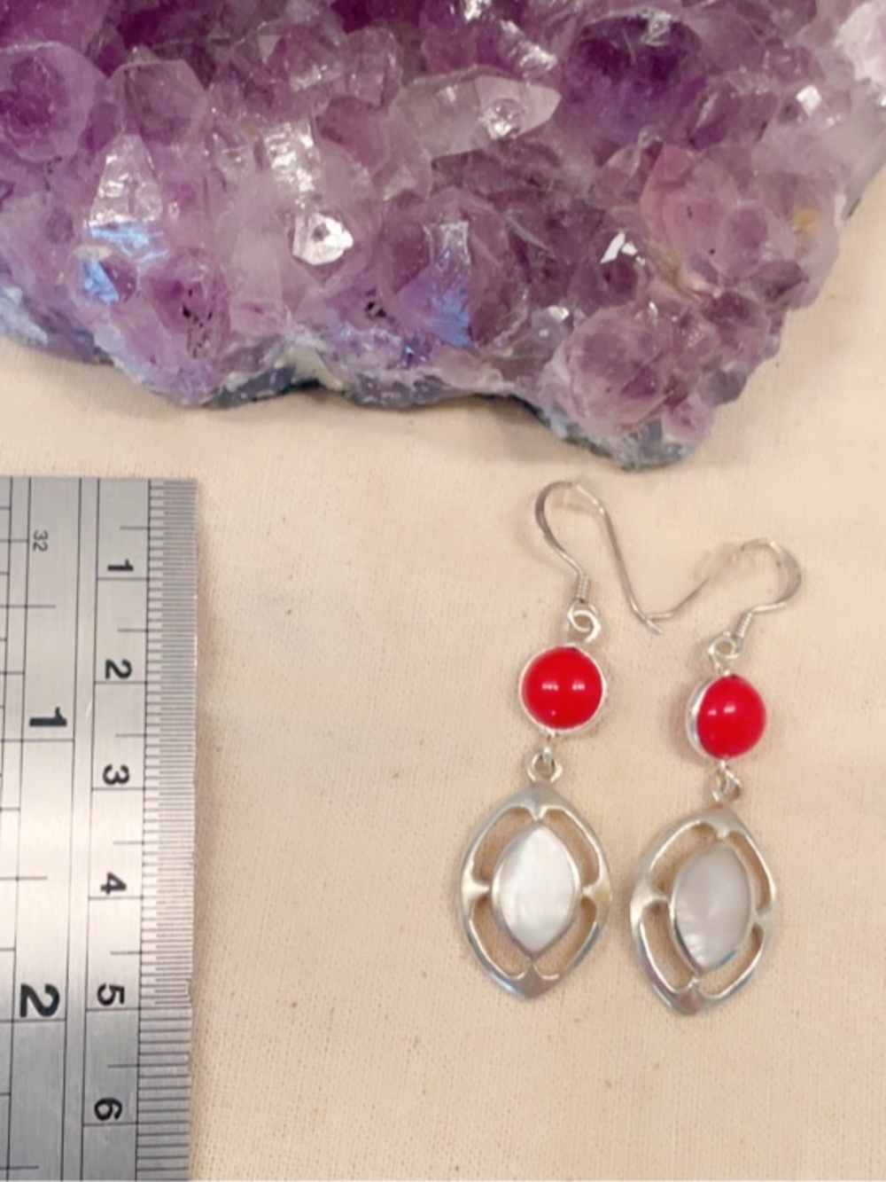 Red Coral Cabochon and MOP shield Sterling Silver 925K Drop Earrings